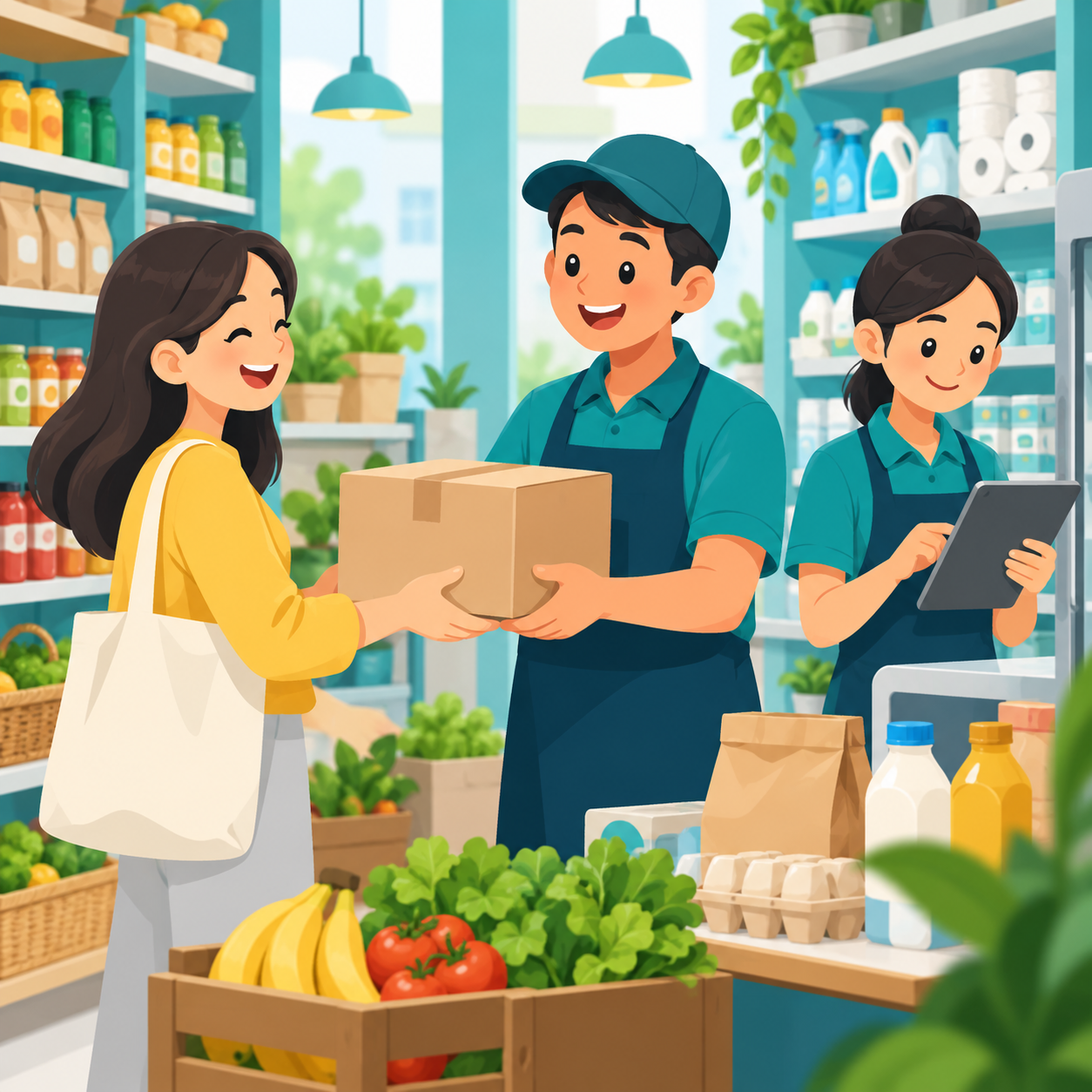 Cartoon seller handing package to customer