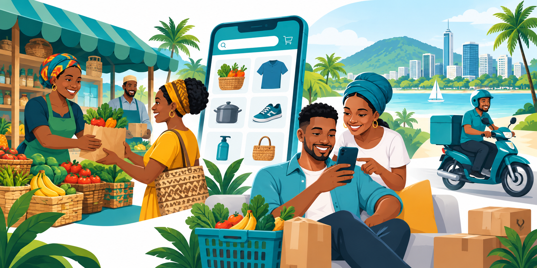 Cartoon marketplace with local sellers and shoppers