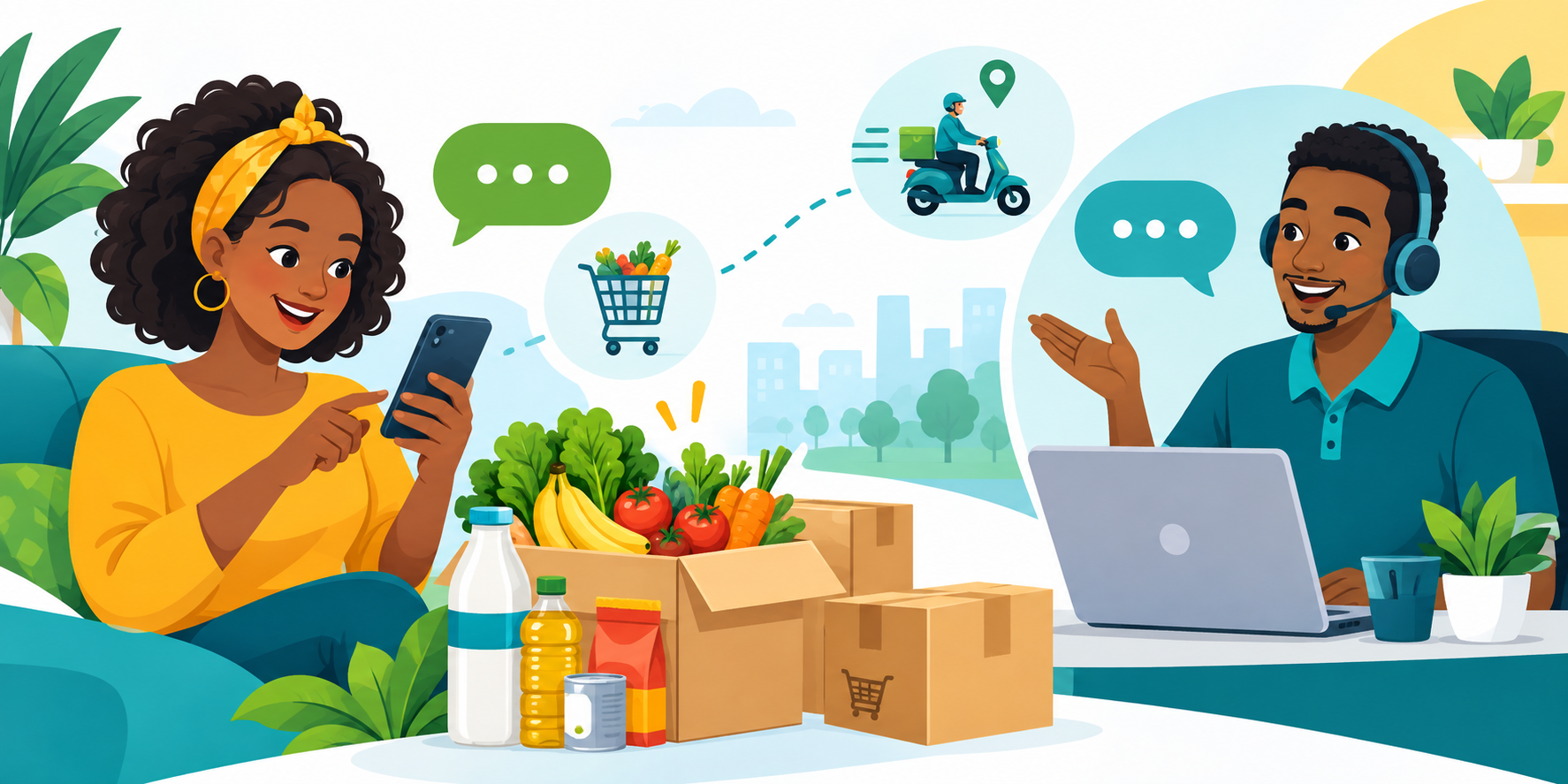 Cartoon customer support and online shopping